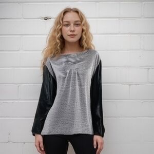 ASOS LEATHER SLEEVE HEATHERED GREY KNIT TOP SZ 14